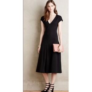 Maeve‎ Anthropologie Black Cap Sleeve V Neck Midi Dress XS NWT